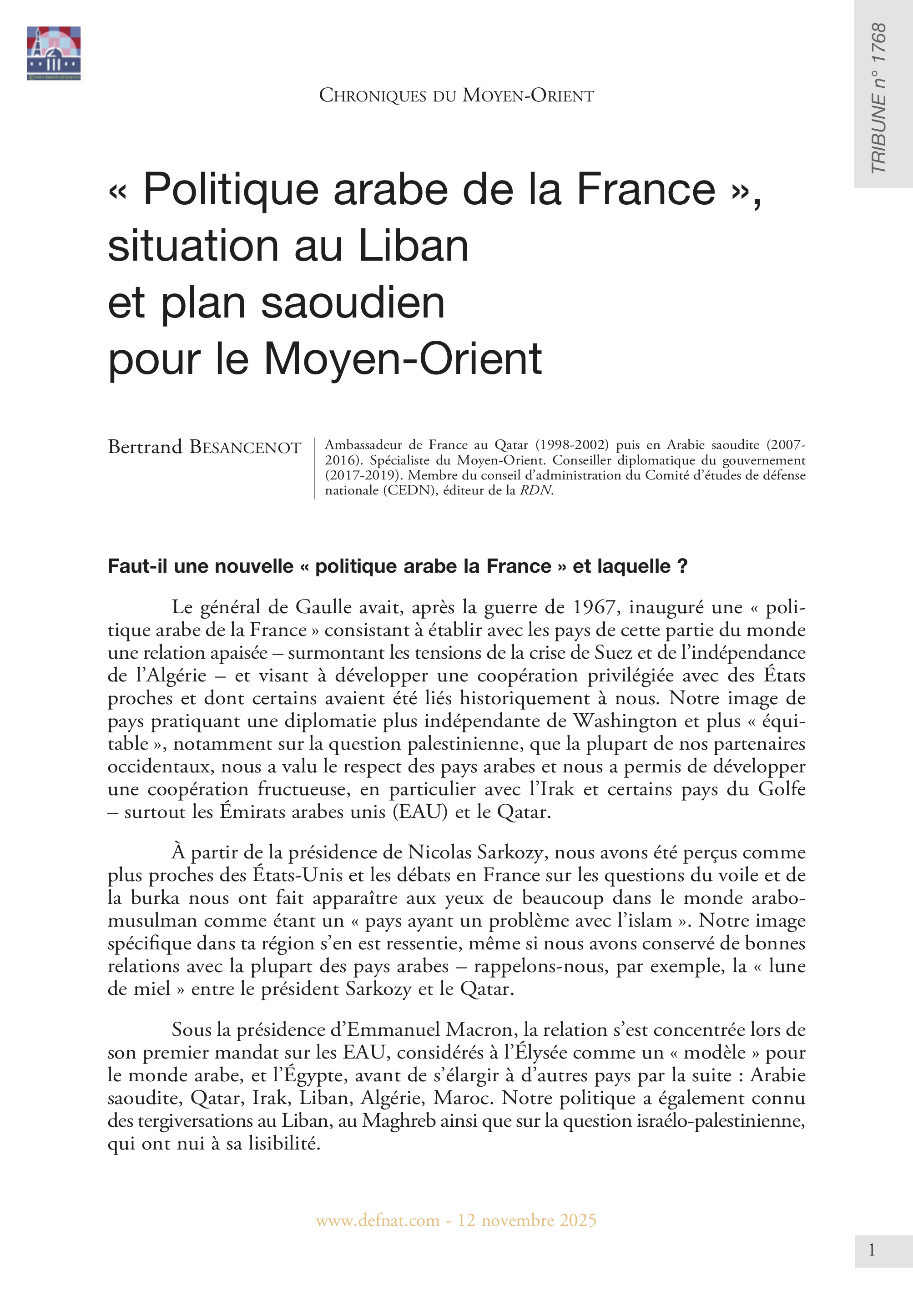 Chroniques du&nbsp;Moyen-Orient &ndash;&nbsp;&laquo;&nbsp;Politique arabe de la France &raquo;, situation au&nbsp;Liban et&nbsp;plan&nbsp;saoudien pour&nbsp;le&nbsp;Moyen-Orient (octobre-novembre&nbsp;2025) (T&nbsp;1768)
